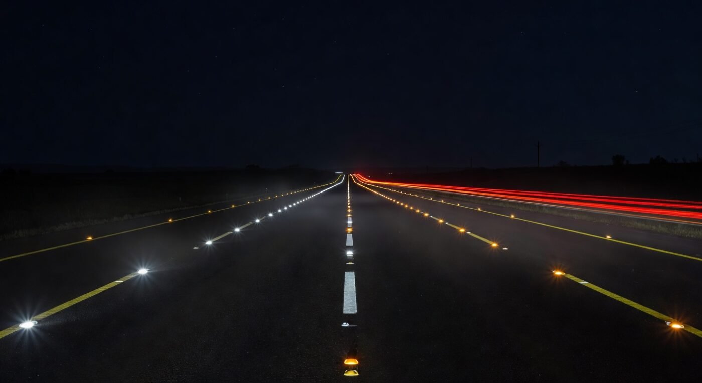 IMAGEN: Tachas viales seguridad carretera en acción: reducen accidentes 40% con reflectividad y diseño innovador para vías seguras 2026